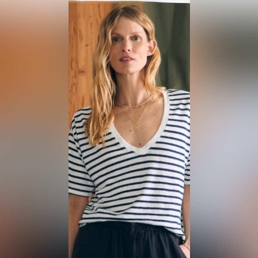 Faherty Oceanside 100% Linen Striped V- Neck Tee Women’s Size Small